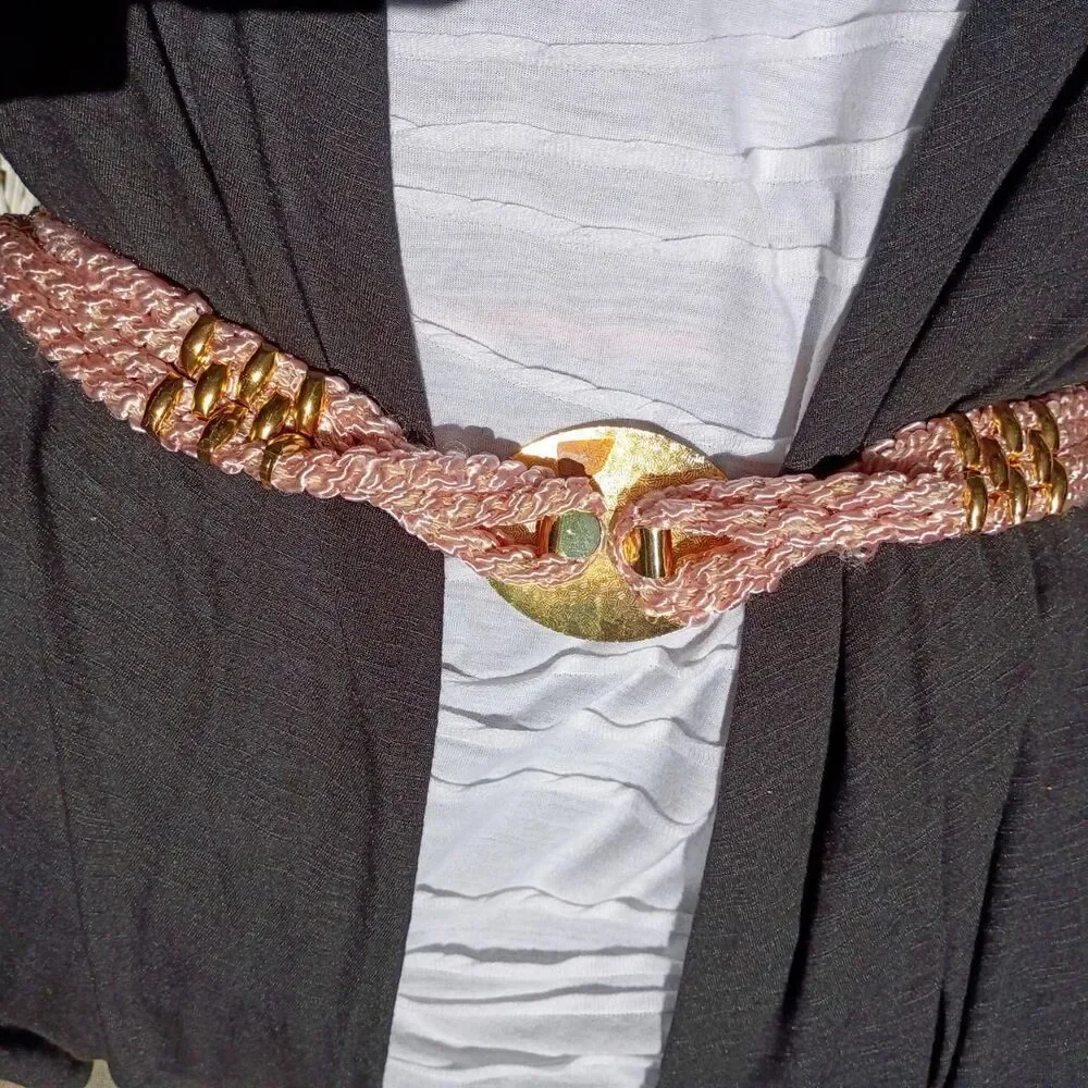 1980's Pink Cord and Enameled Brass Buckle Belt